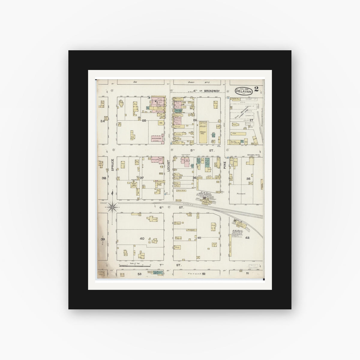 Old map wall art mockup — black gallery frame with white mat — Sanborn Fire Insurance Map from Delavan, Tazewell County, Illinois (1888), Sheet #0002