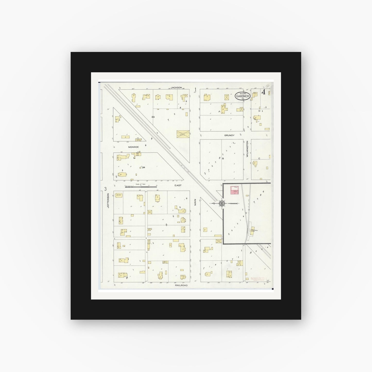 Old map wall art mockup — black gallery frame with white mat — Sanborn Fire Insurance Map from Gardner, Grundy County, Illinois (1913), Sheet #0004