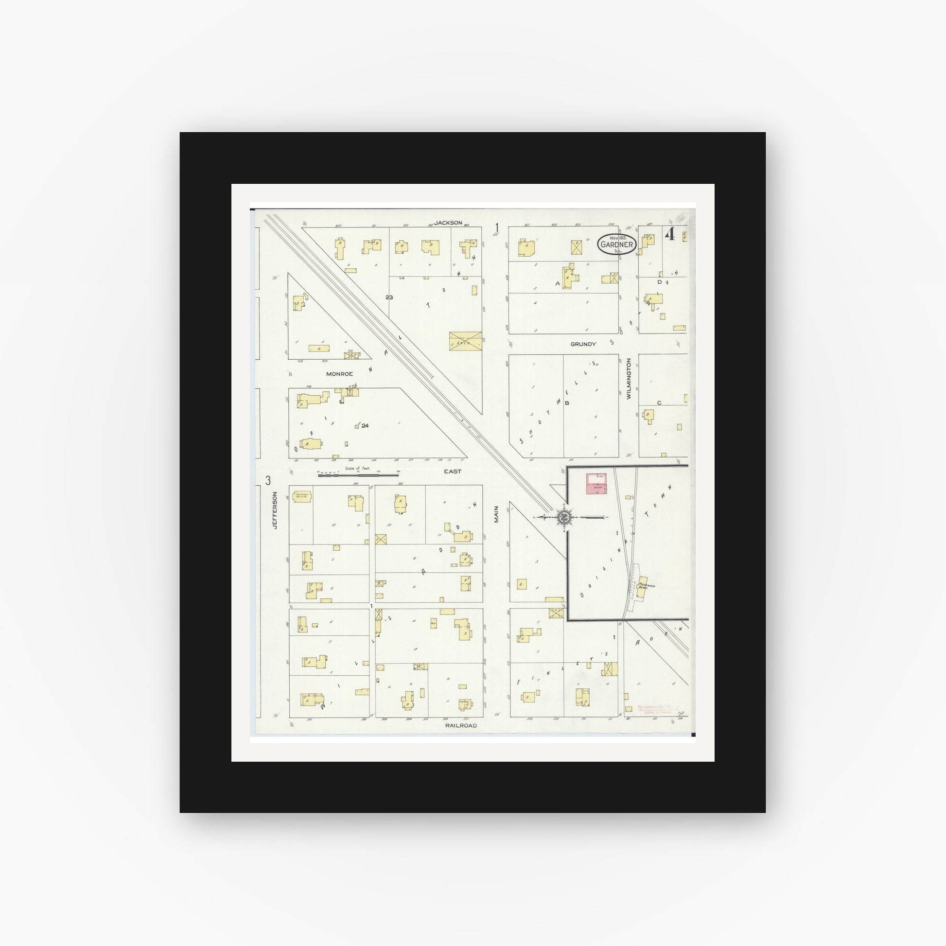 Old map wall art mockup — black gallery frame with white mat — Sanborn Fire Insurance Map from Gardner, Grundy County, Illinois (1913), Sheet #0004