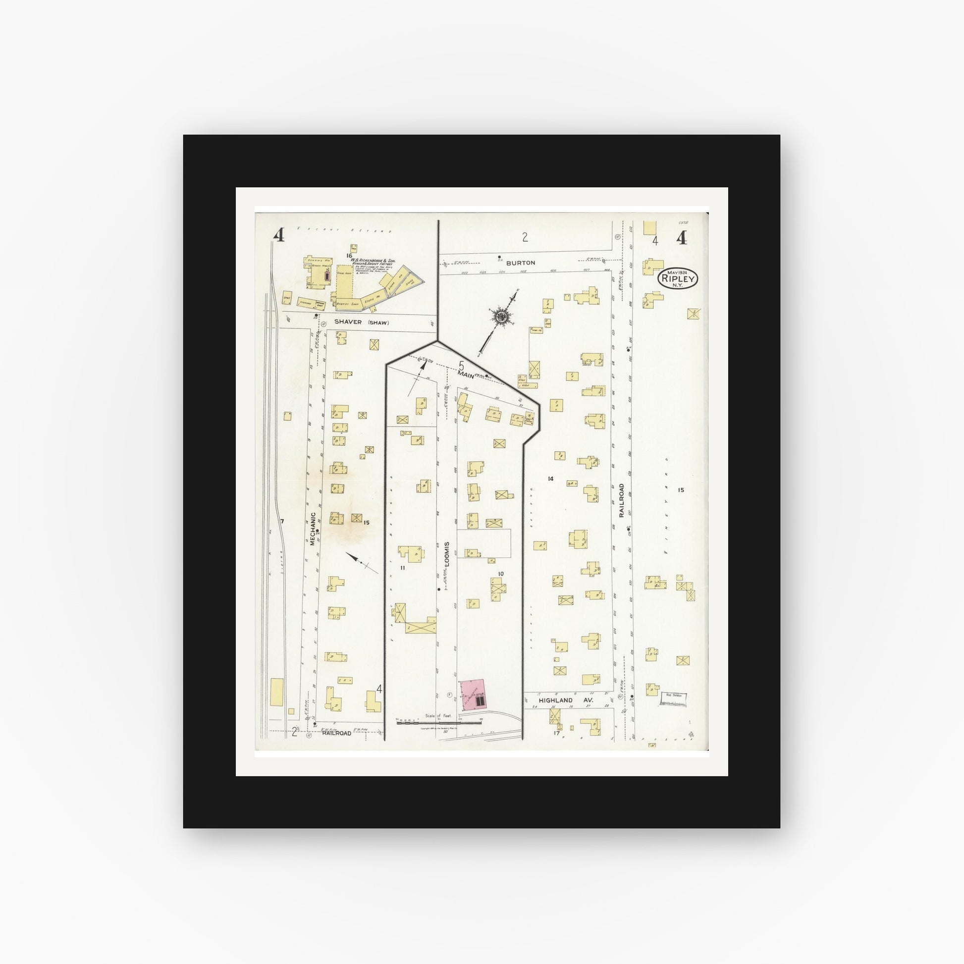Old map wall art mockup — black gallery frame with white mat — Sanborn Fire Insurance Map from Ripley, Chautauqua County, New York (1924), Sheet #0004