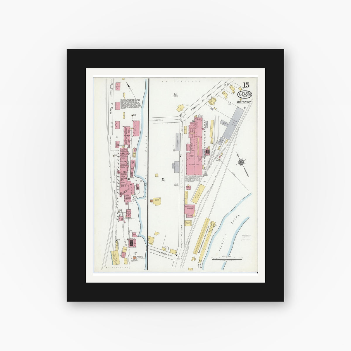 Old map wall art mockup — black gallery frame with white mat — Sanborn Fire Insurance Map from Beacon, Dutchess County, New York (1919), Sheet #0015