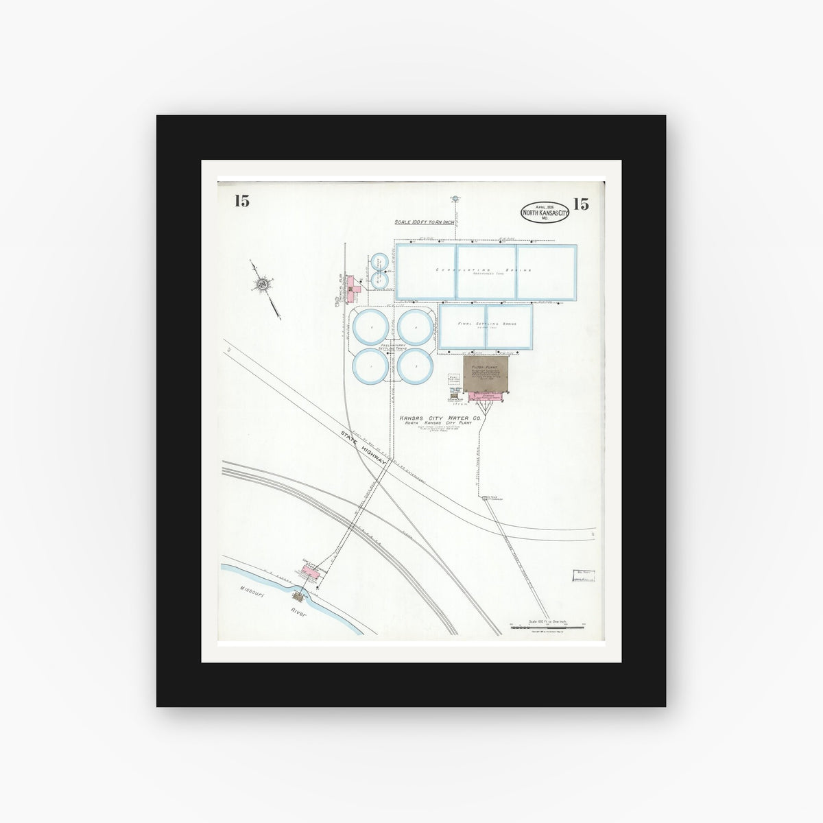 Old map wall art mockup — black gallery frame with white mat — Sanborn Fire Insurance Map from North Kansas City, Clay County, Missouri (1926), Sheet #0015