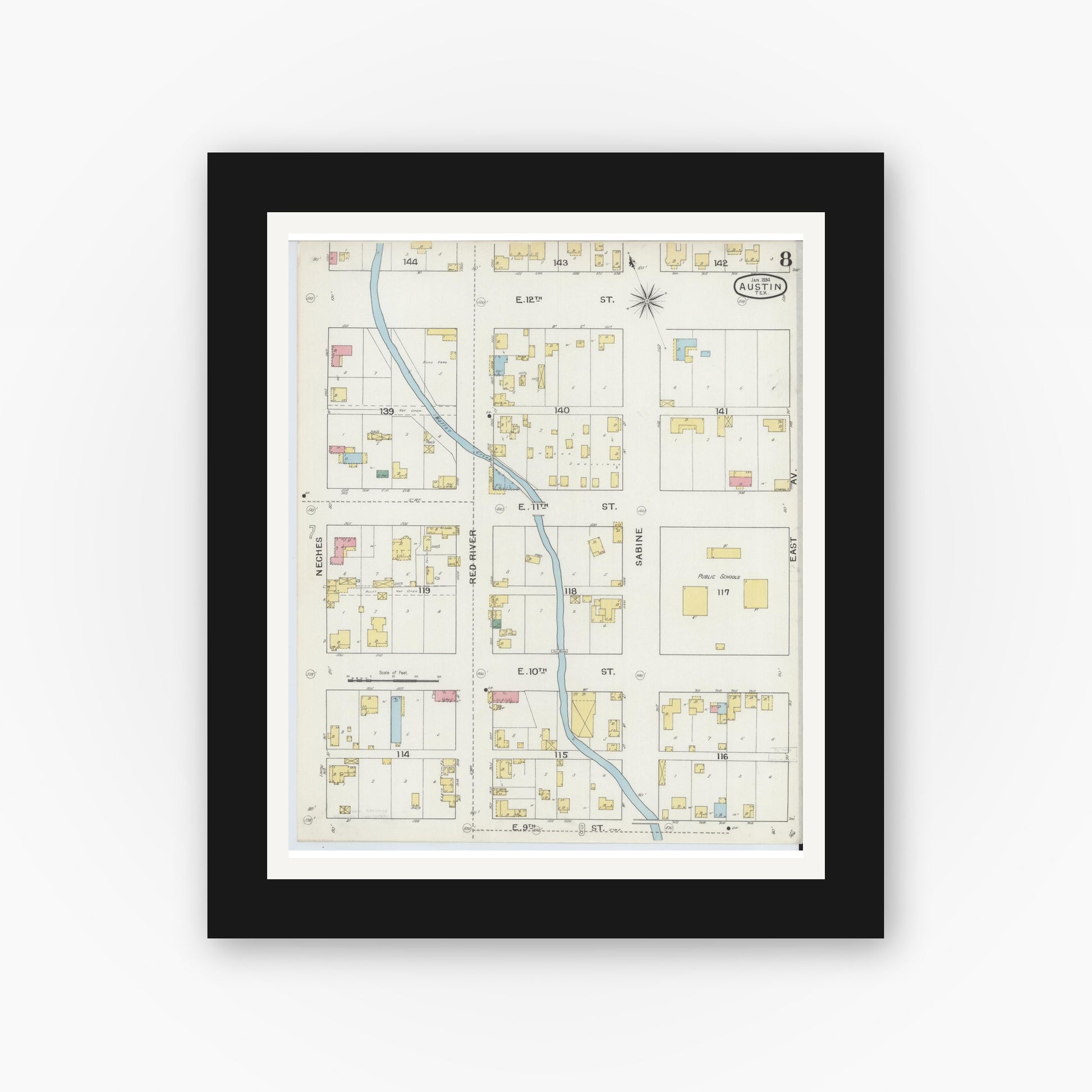 Old map wall art mockup — black gallery frame with white mat — Sanborn Fire Insurance Map from Austin, Travis County, Texas (1894), Sheet #0008