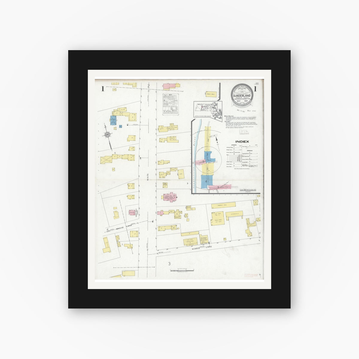 Old map wall art mockup — black gallery frame with white mat — Sanborn Fire Insurance Map from Sunderland, Franklin County, Massachusetts (1915), Sheet #0005