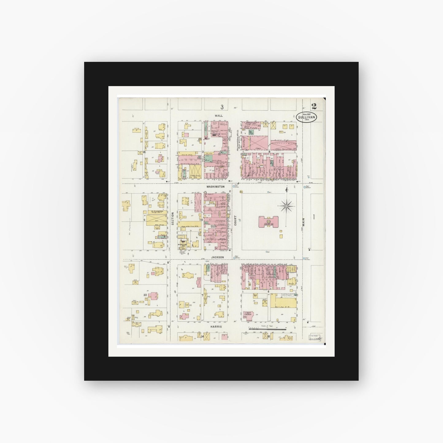 Old map wall art mockup — black gallery frame with white mat — Sanborn Fire Insurance Map from Sullivan, Sullivan County, Indiana (1897), Sheet #0002