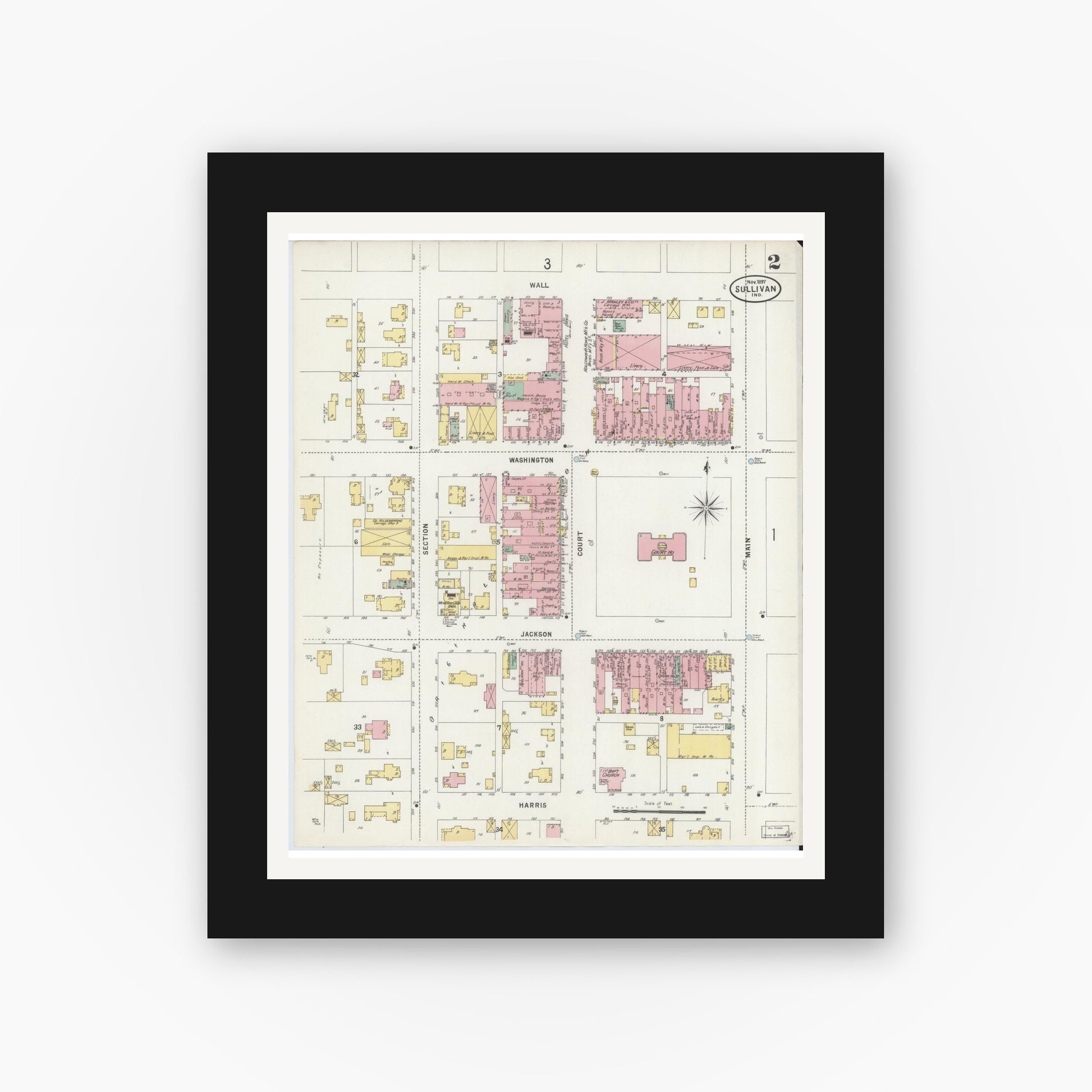 Old map wall art mockup — black gallery frame with white mat — Sanborn Fire Insurance Map from Sullivan, Sullivan County, Indiana (1897), Sheet #0002