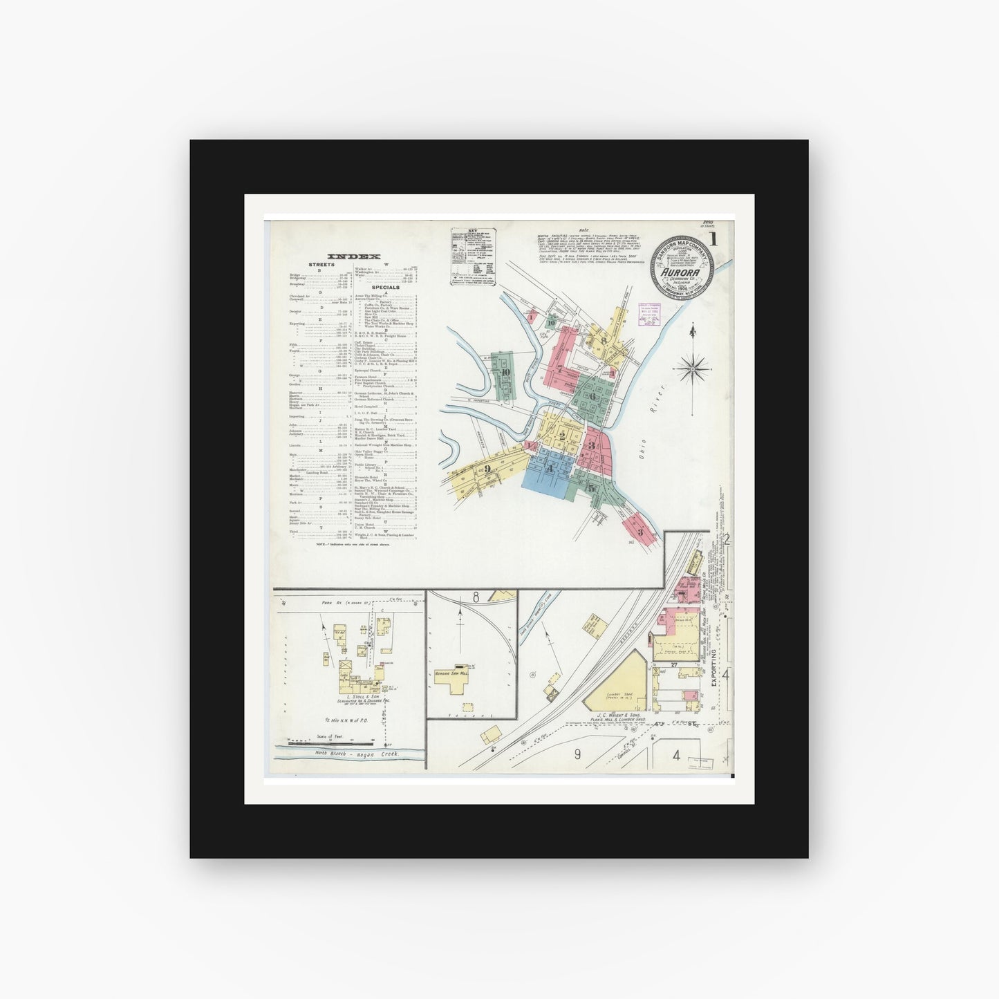 Old map wall art mockup — black gallery frame with white mat — Sanborn Fire Insurance Map from Aurora, Dearborn County, Indiana (1906), Sheet #0001