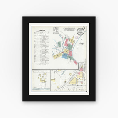 Old map wall art mockup — black gallery frame with white mat — Sanborn Fire Insurance Map from Aurora, Dearborn County, Indiana (1906), Sheet #0001