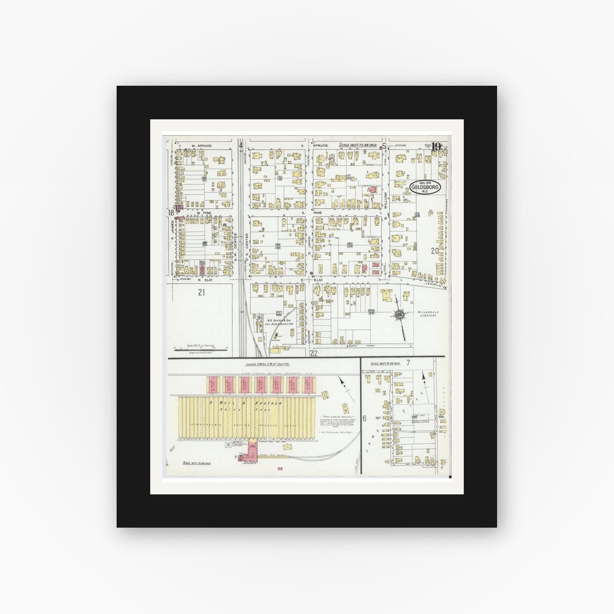 Old map wall art mockup — black gallery frame with white mat — Sanborn Fire Insurance Map from Goldsboro, Wayne County, North Carolina (1918), Sheet #0019