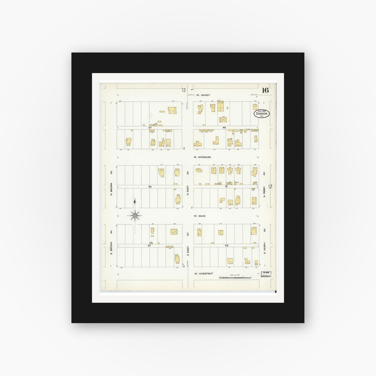 Old map wall art mockup — black gallery frame with white mat — Sanborn Fire Insurance Map from Denison, Grayson County, Texas (1908), Sheet #0016