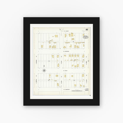 Old map wall art mockup — black gallery frame with white mat — Sanborn Fire Insurance Map from Denison, Grayson County, Texas (1908), Sheet #0016