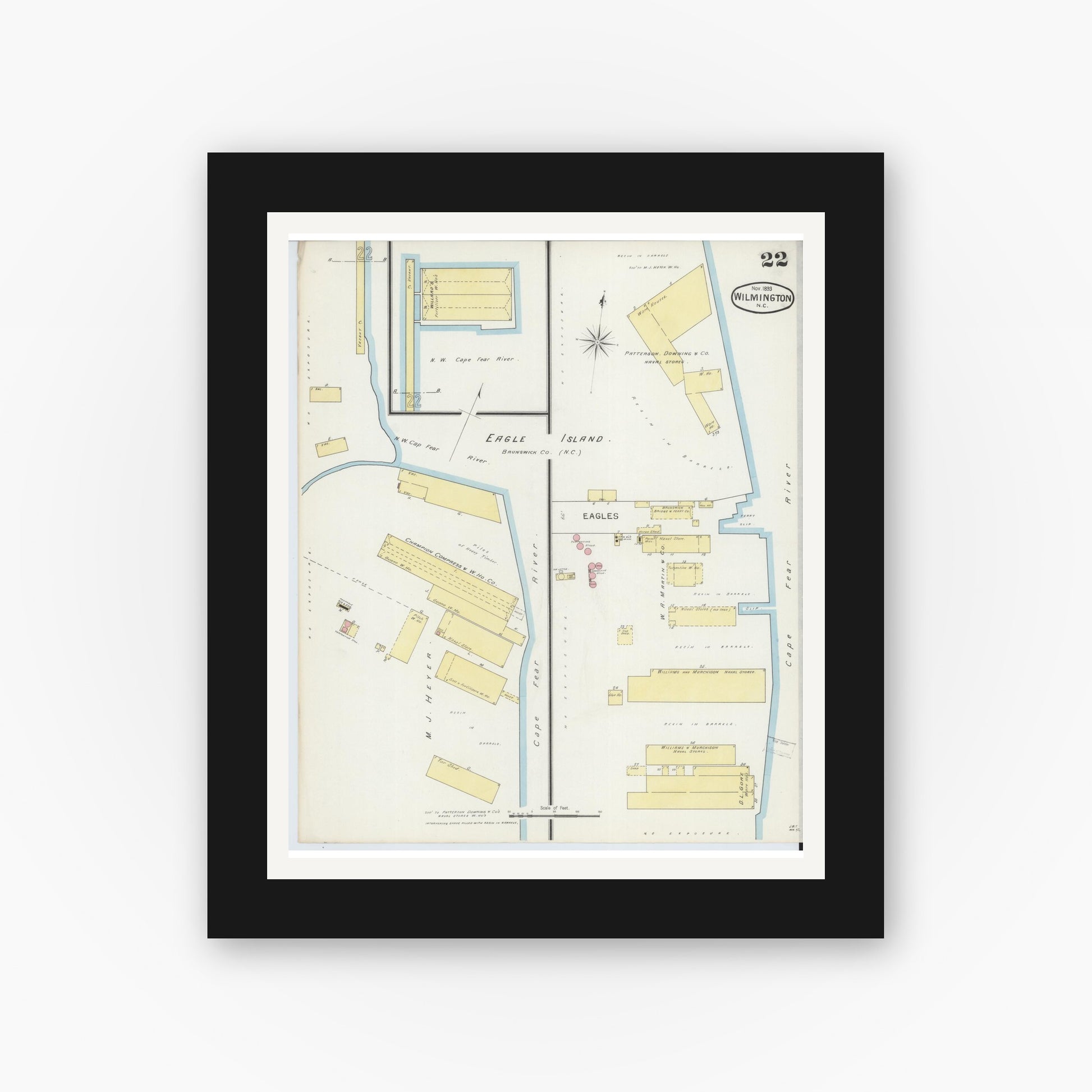 Old map wall art mockup — black gallery frame with white mat — Sanborn Fire Insurance Map from Wilmington, New Hanover County, North Carolina (1893), Sheet #0022
