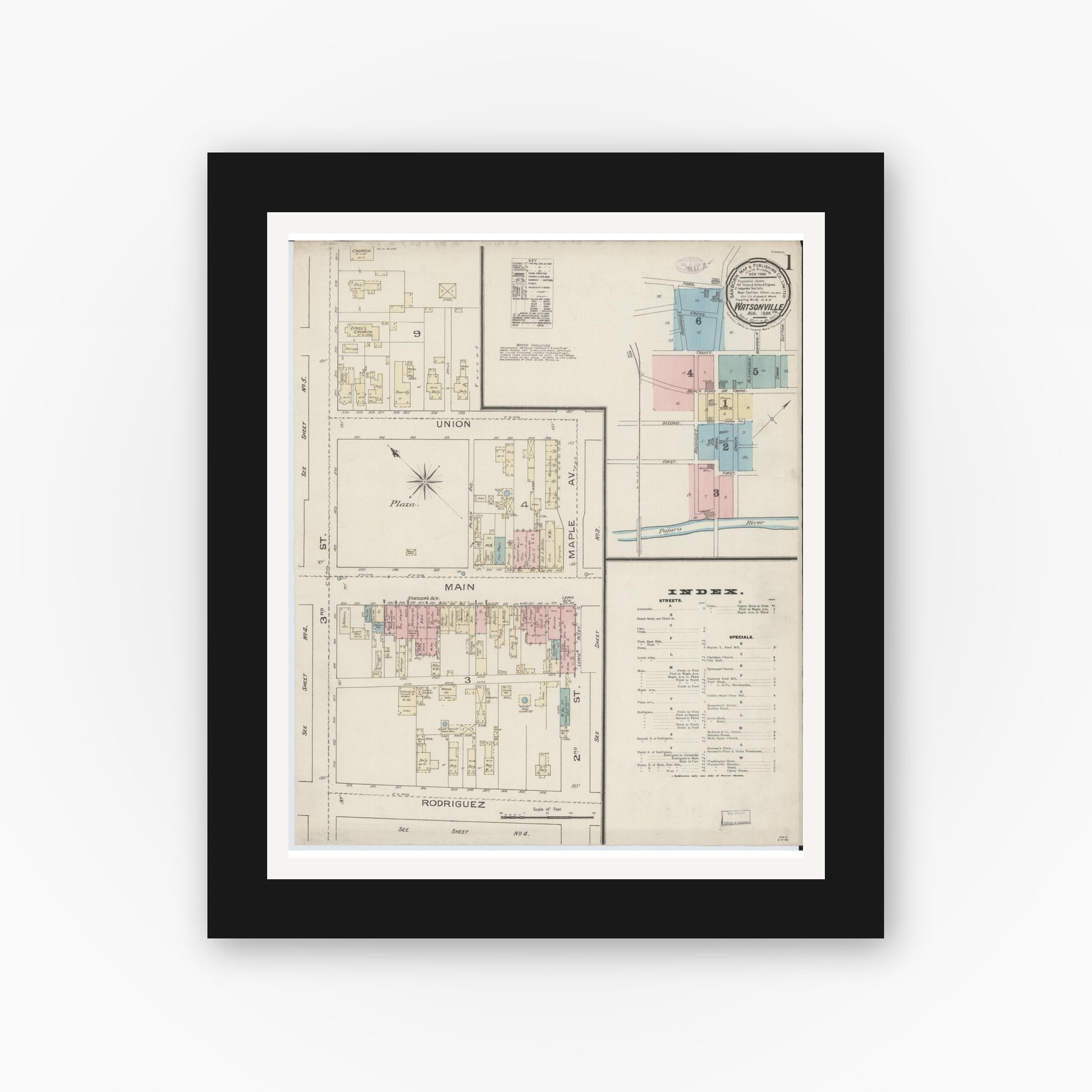 Old map wall art mockup — black gallery frame with white mat — Sanborn Fire Insurance Map from Watsonville, Santa Cruz County, California (1886) - Complete Map Set