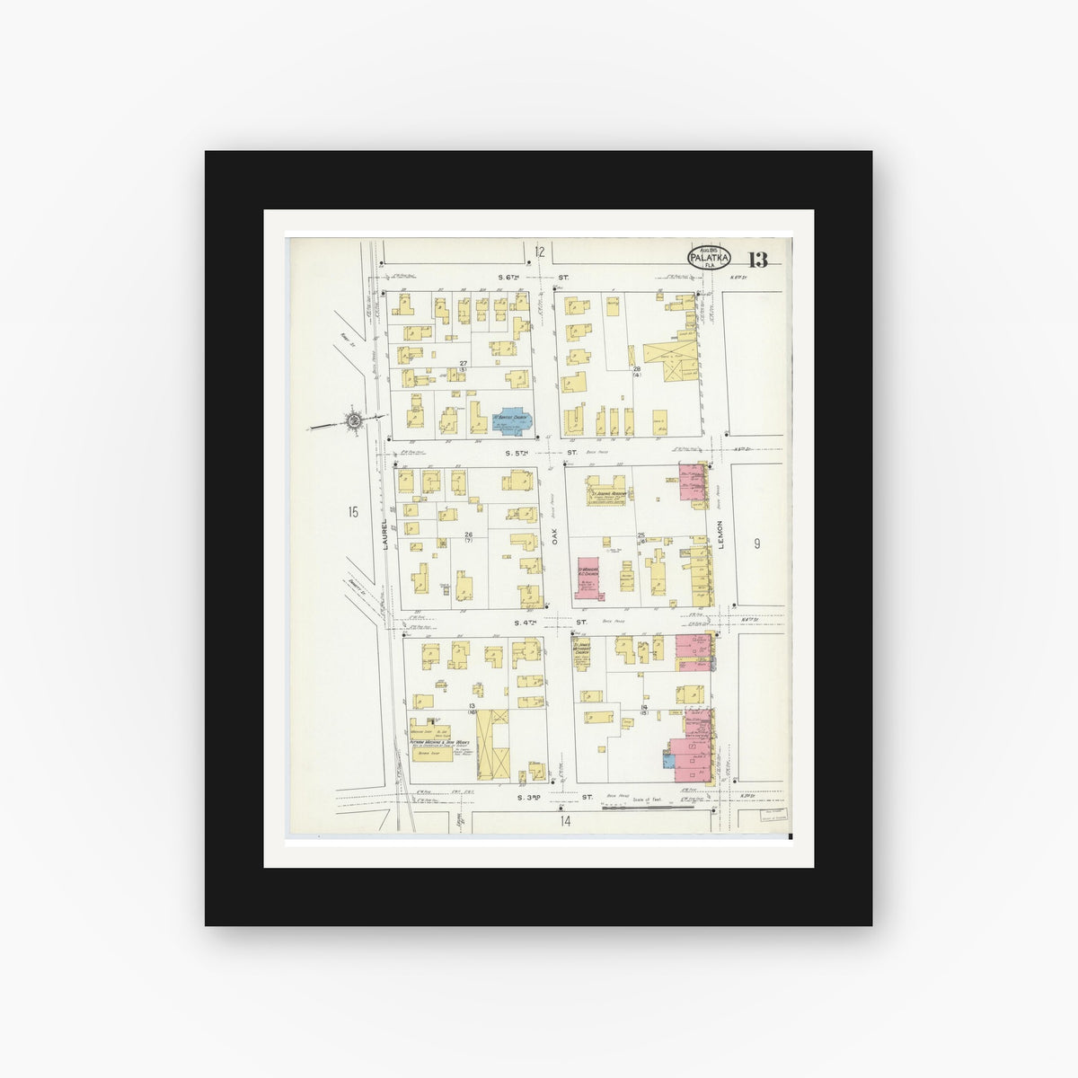 Old map wall art mockup — black gallery frame with white mat — Sanborn Fire Insurance Map from Palatka, Putnam County, Florida (1915), Sheet #0013
