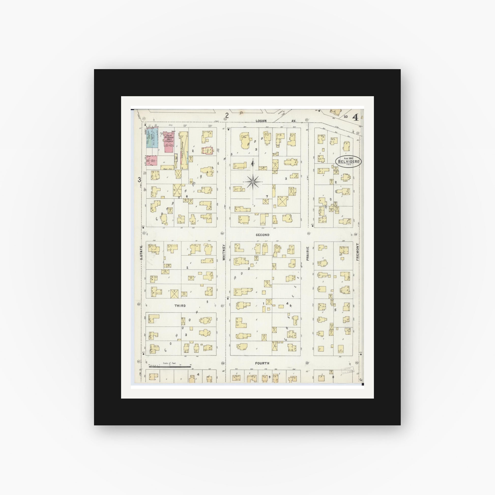 Old map wall art mockup — black gallery frame with white mat — Sanborn Fire Insurance Map from Belvidere, Boone County, Illinois (1897), Sheet #0004