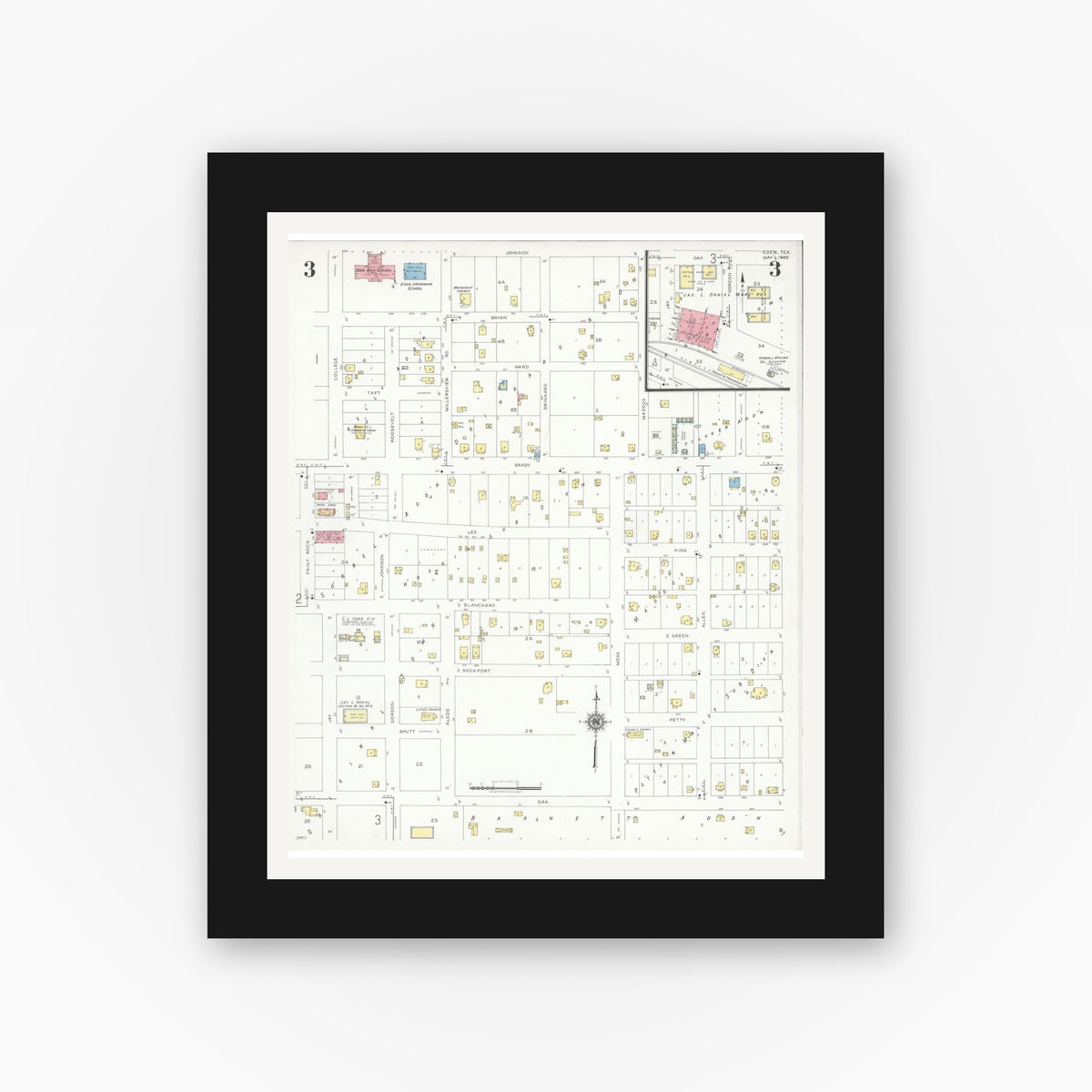 Old map wall art mockup — black gallery frame with white mat — Sanborn Fire Insurance Map from Eden, Concho County, Texas (1940), Sheet #0003