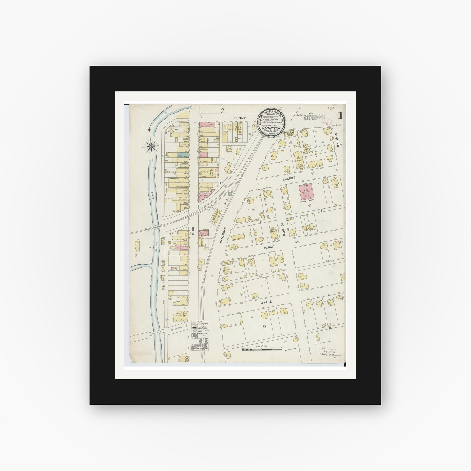 Old map wall art mockup — black gallery frame with white mat — Sanborn Fire Insurance Map from Glouster, Athens County, Ohio (1896), Sheet #0001