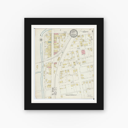 Old map wall art mockup — black gallery frame with white mat — Sanborn Fire Insurance Map from Glouster, Athens County, Ohio (1896), Sheet #0001