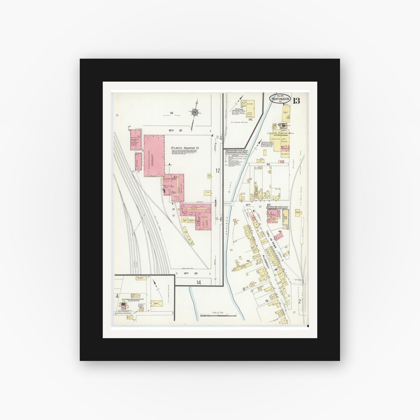 Old map wall art mockup — black gallery frame with white mat — Sanborn Fire Insurance Map from Huntingdon, Huntingdon County, Pennsylvania (1911), Sheet #0013