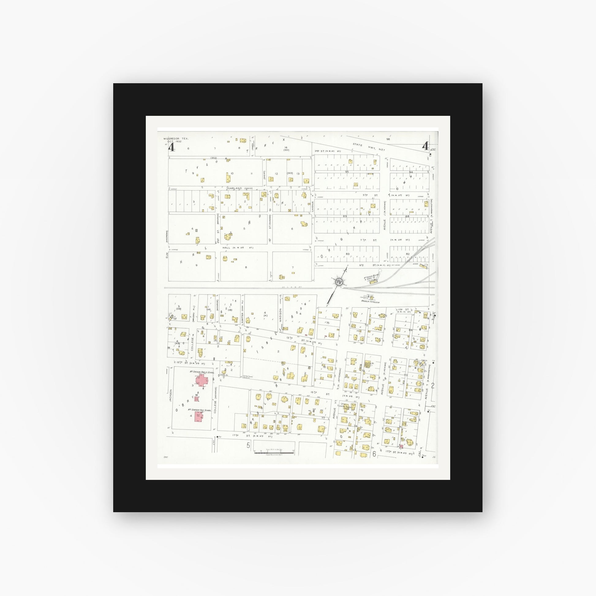 Old map wall art mockup — black gallery frame with white mat — Sanborn Fire Insurance Map from McGregor, McLennan County, Texas (1932), Sheet #0004