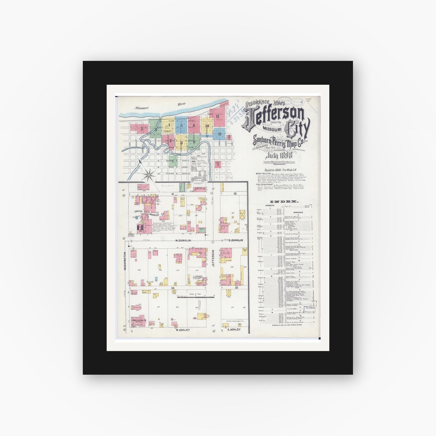 Old map wall art mockup — black gallery frame with white mat — Sanborn Fire Insurance Map from Jefferson City, Cole County, Missouri (1898) - Complete Map Set
