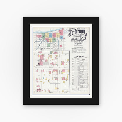 Old map wall art mockup — black gallery frame with white mat — Sanborn Fire Insurance Map from Jefferson City, Cole County, Missouri (1898) - Complete Map Set