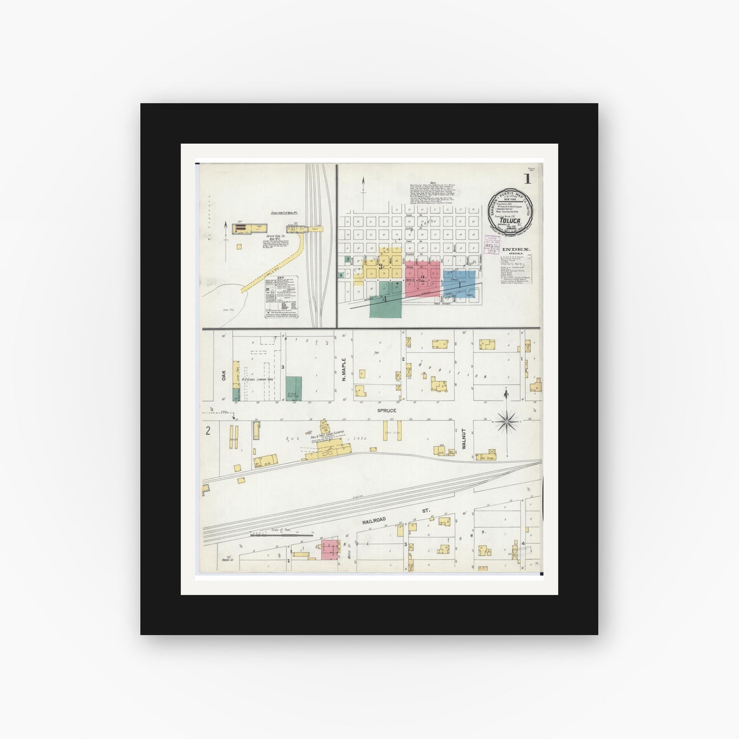 Old map wall art mockup — black gallery frame with white mat — Sanborn Fire Insurance Map from Toluca, Marshall County, Illinois (1901) - Complete Map Set