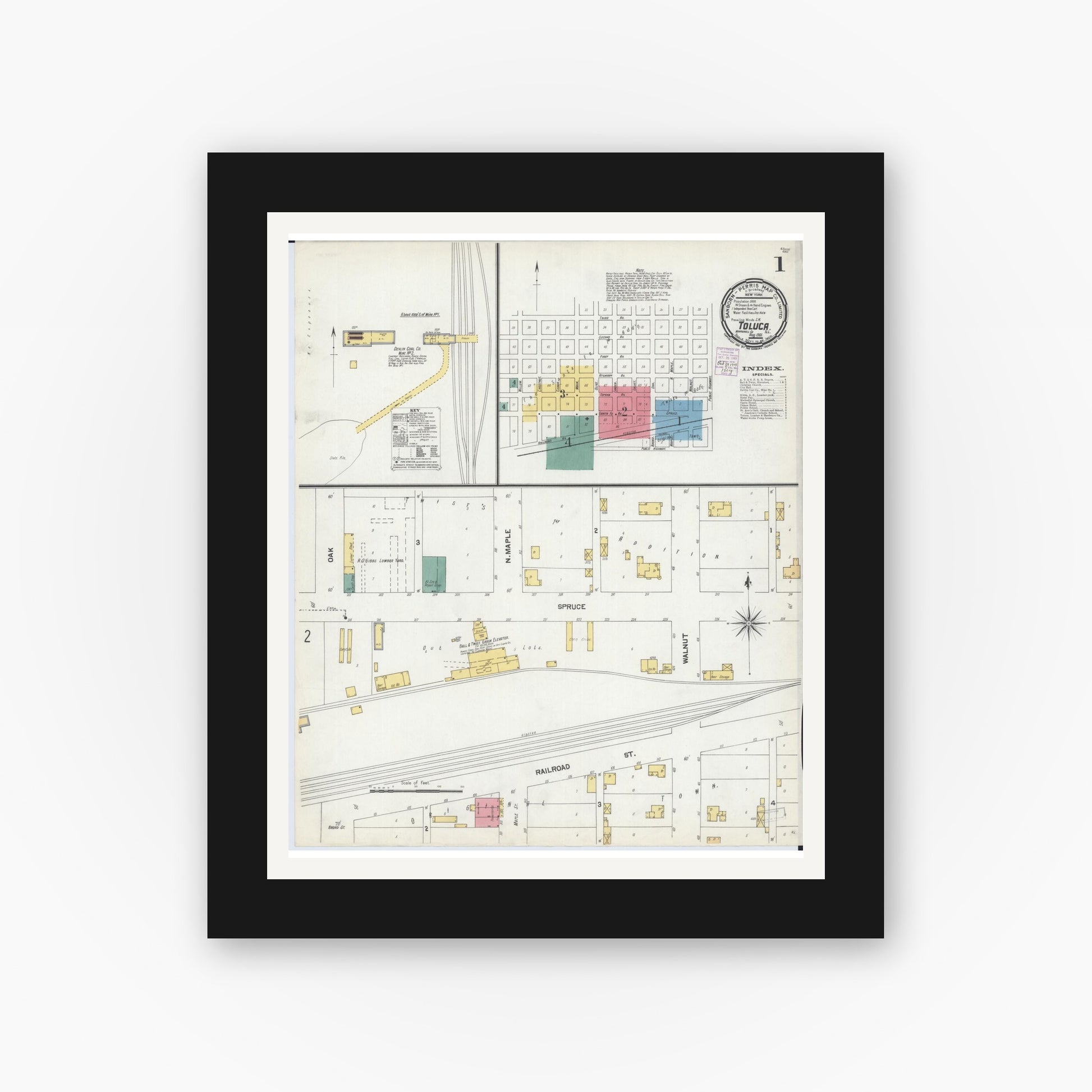Old map wall art mockup — black gallery frame with white mat — Sanborn Fire Insurance Map from Toluca, Marshall County, Illinois (1901) - Complete Map Set