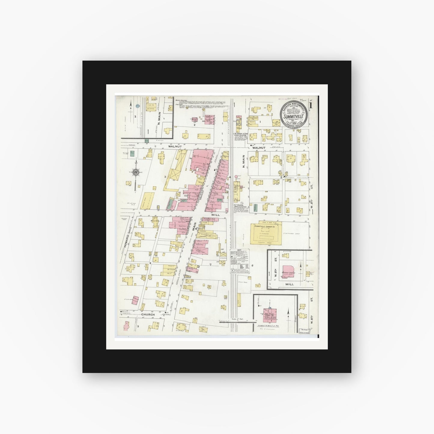 Old map wall art mockup — black gallery frame with white mat — Sanborn Fire Insurance Map from Summitville, Madison County, Indiana (1909) - Complete Map Set
