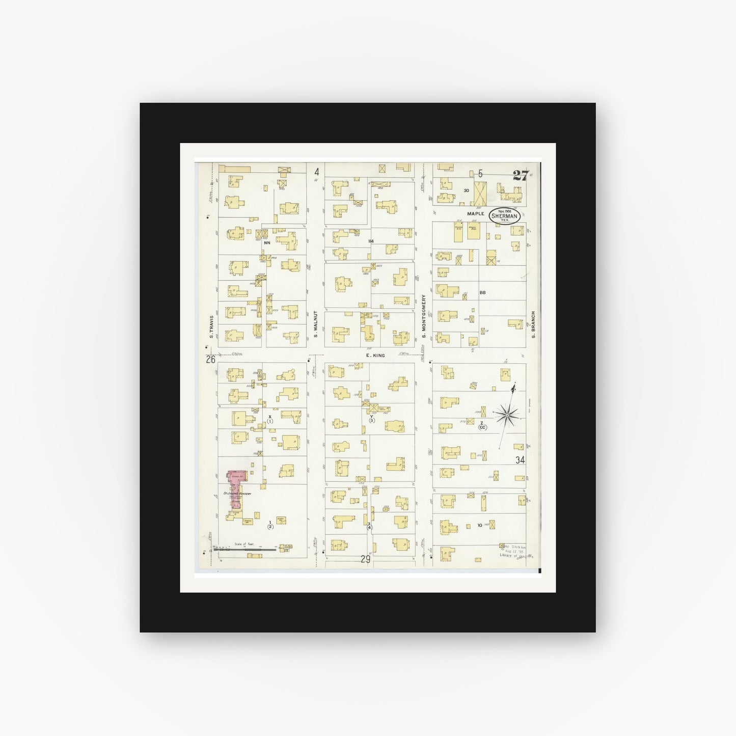 Old map wall art mockup — black gallery frame with white mat — Sanborn Fire Insurance Map from Sherman, Grayson County, Texas (1908), Sheet #0027