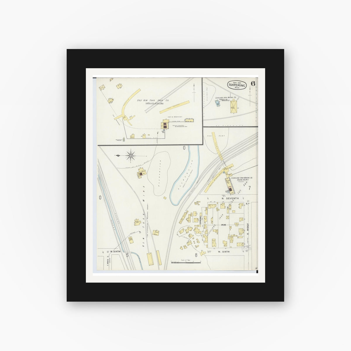 Old map wall art mockup — black gallery frame with white mat — Sanborn Fire Insurance Map from Ishpeming, Marquette County, Michigan (1897), Sheet #0006