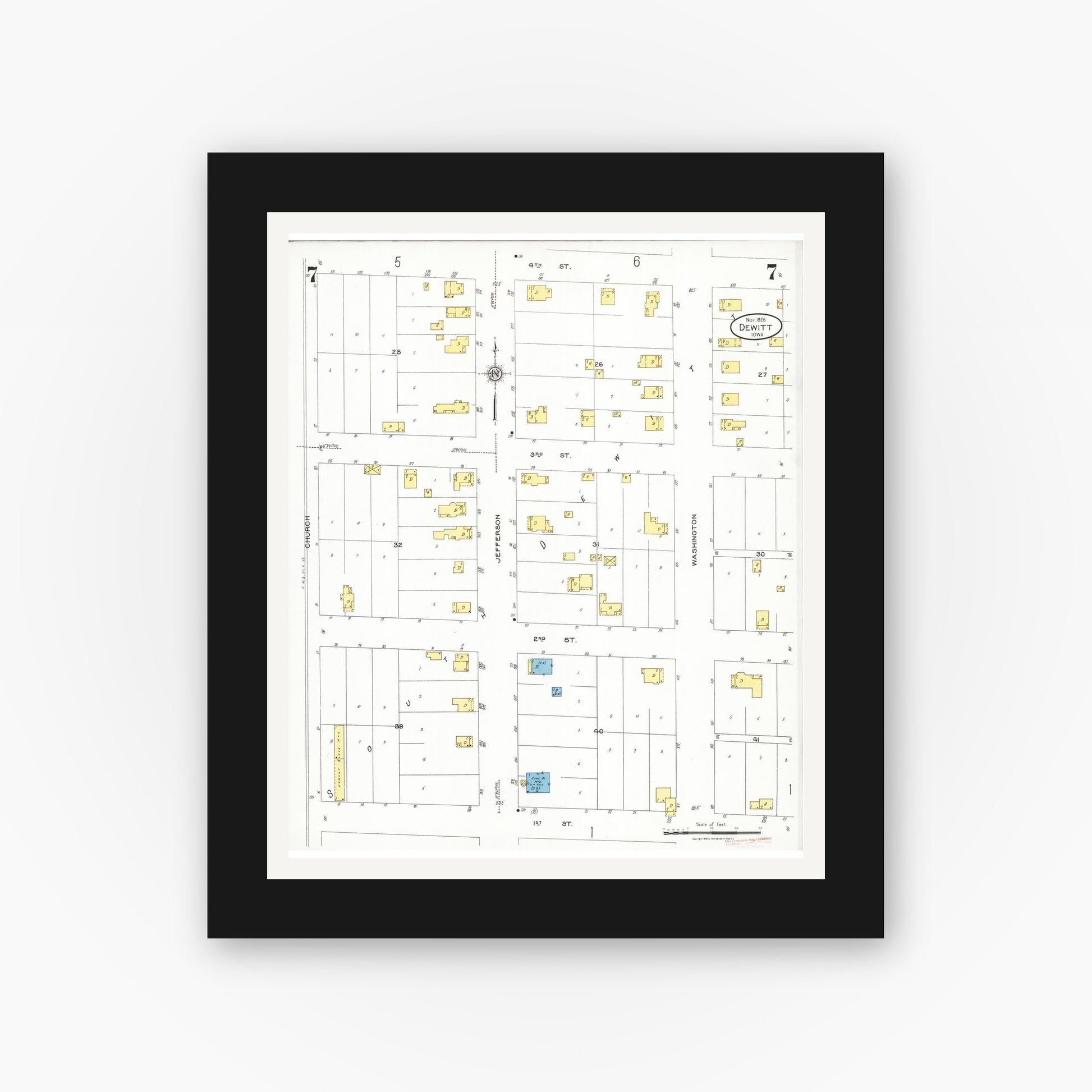 Old map wall art mockup — black gallery frame with white mat — Sanborn Fire Insurance Map from De Witt, Clinton County, Iowa (1926), Sheet #0007