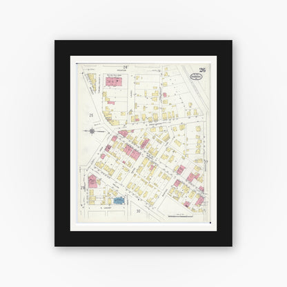 Old map wall art mockup — black gallery frame with white mat — Sanborn Fire Insurance Map from Hannibal, Marion County, Missouri (1913), Sheet #0026