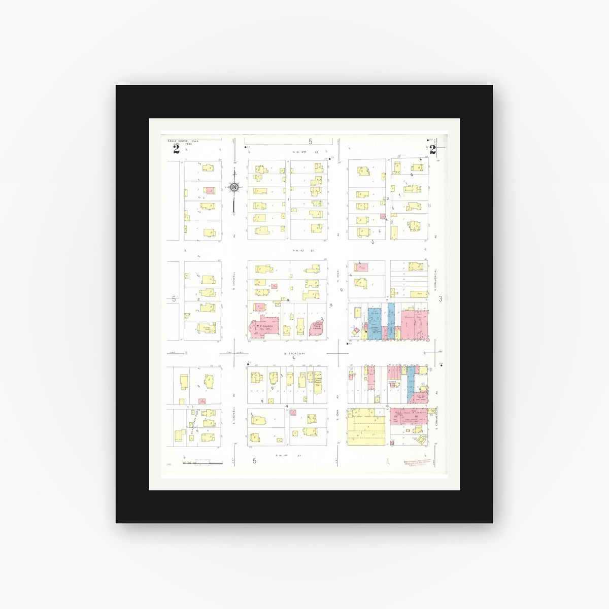 Old map wall art mockup — black gallery frame with white mat — Sanborn Fire Insurance Map from Eagle Grove, Wright County, Iowa (1933), Sheet #0002