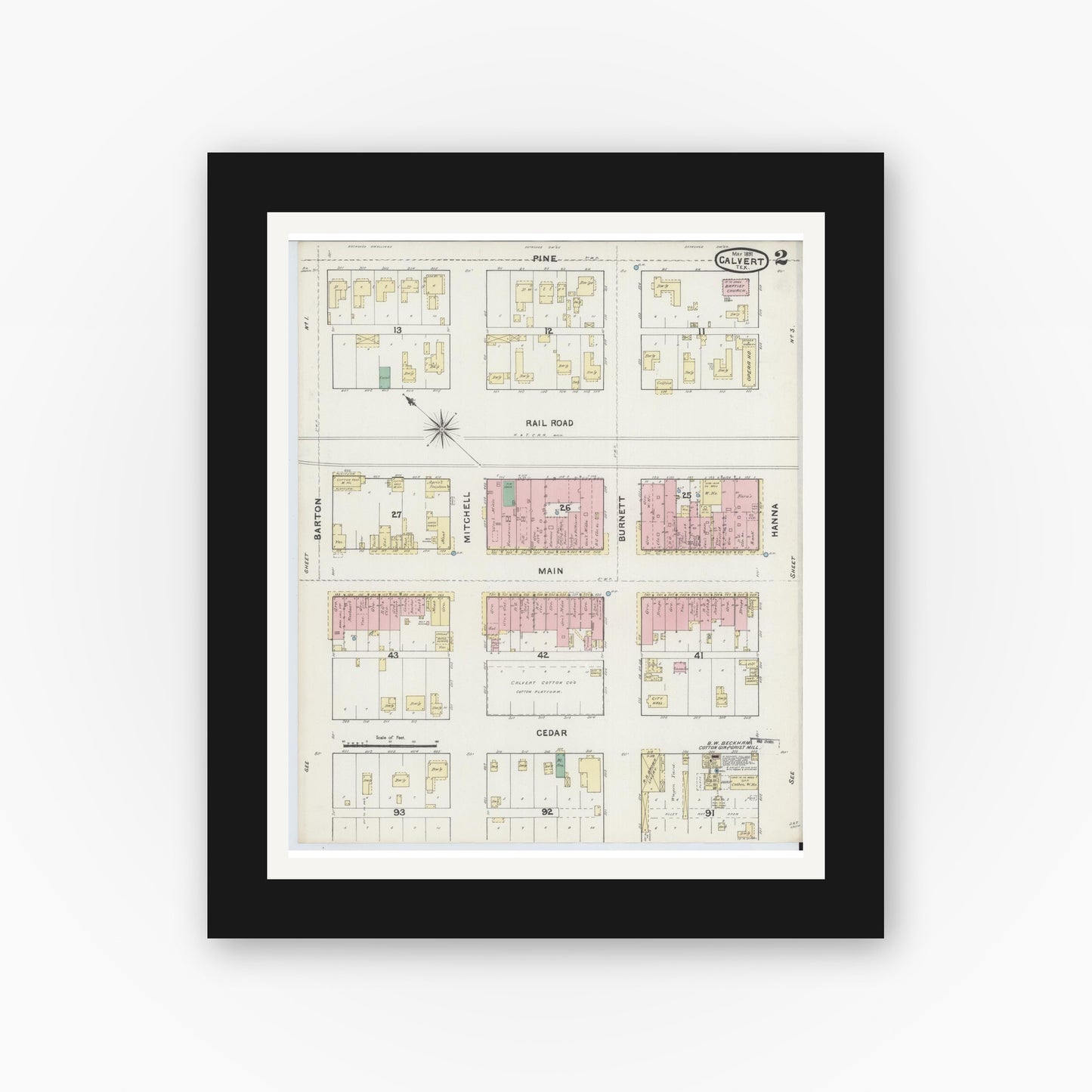 Old map wall art mockup — black gallery frame with white mat — Sanborn Fire Insurance Map from Calvert, Robertson County, Texas (1891), Sheet #0002