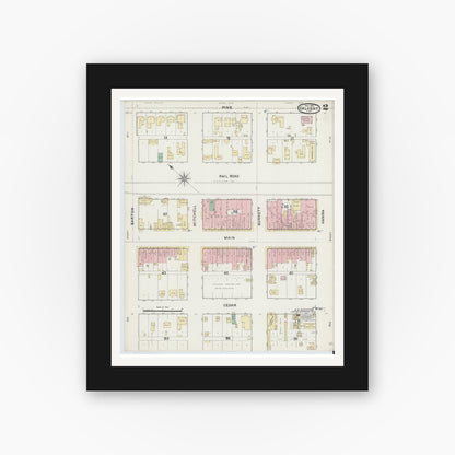 Old map wall art mockup — black gallery frame with white mat — Sanborn Fire Insurance Map from Calvert, Robertson County, Texas (1891), Sheet #0002