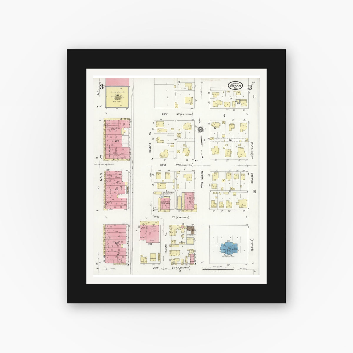 Old map wall art mockup — black gallery frame with white mat — Sanborn Fire Insurance Map from Bryan, Brazos County, Texas (1925), Sheet #0003