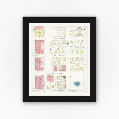 Old map wall art mockup — black gallery frame with white mat — Sanborn Fire Insurance Map from Bryan, Brazos County, Texas (1925), Sheet #0003