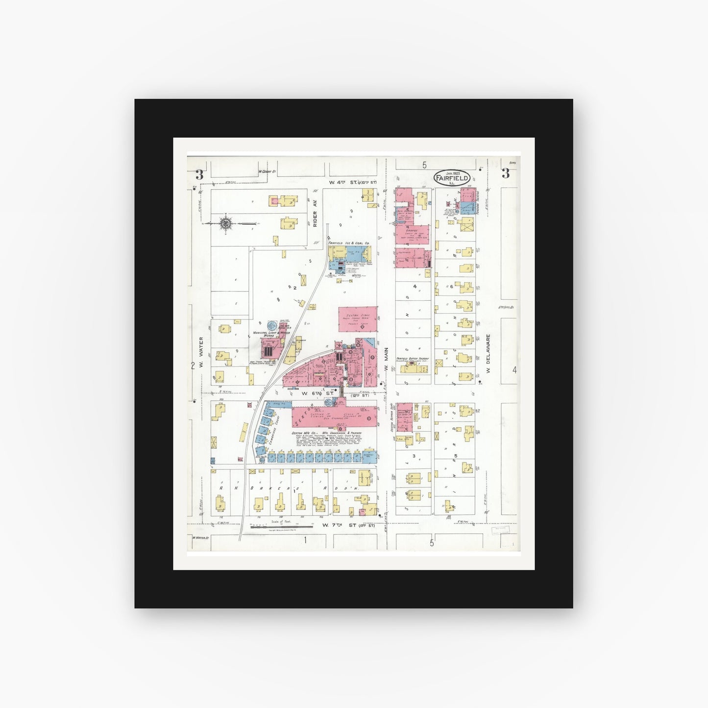 Old map wall art mockup — black gallery frame with white mat — Sanborn Fire Insurance Map from Fairfield, Wayne County, Illinois (1923), Sheet #0003