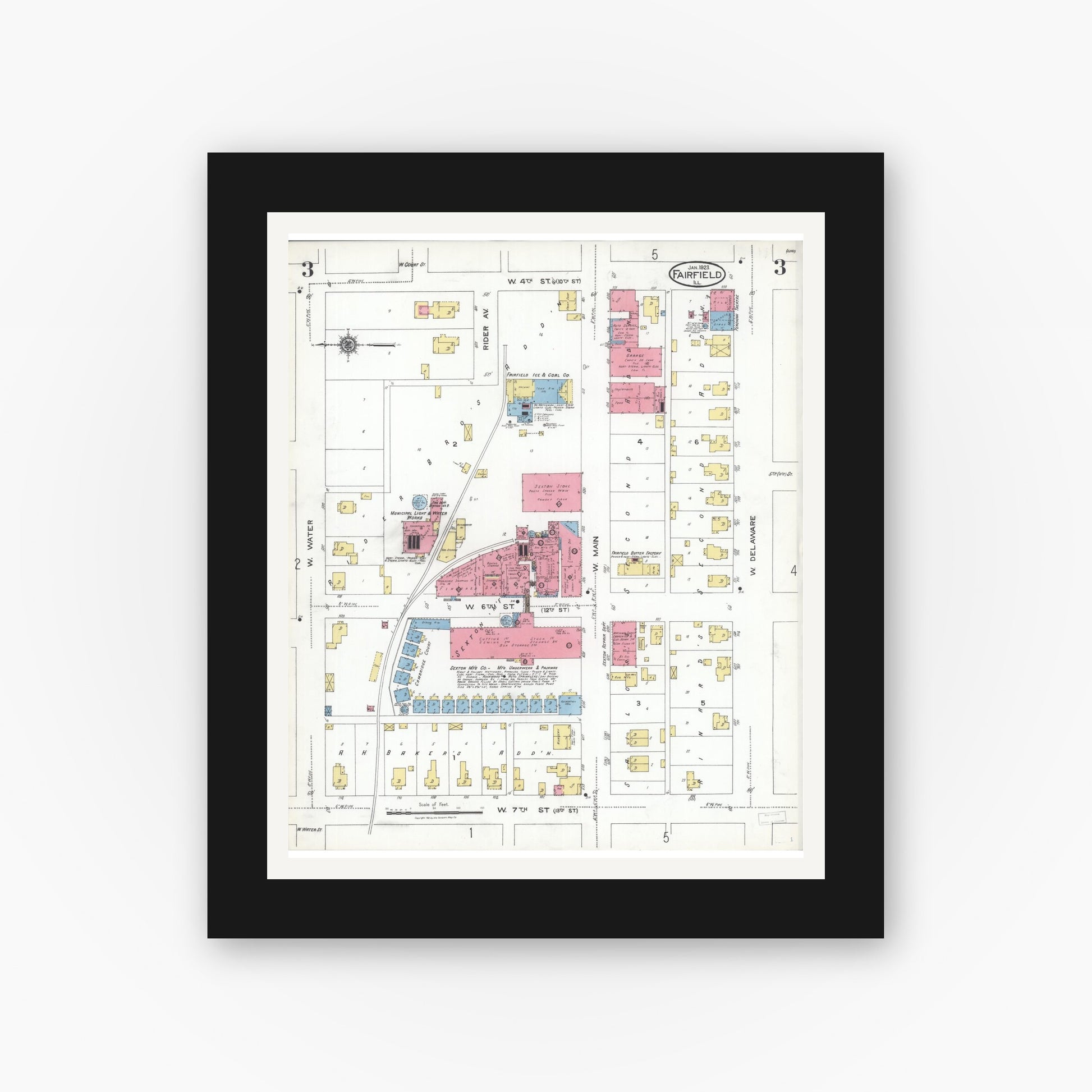 Old map wall art mockup — black gallery frame with white mat — Sanborn Fire Insurance Map from Fairfield, Wayne County, Illinois (1923), Sheet #0003