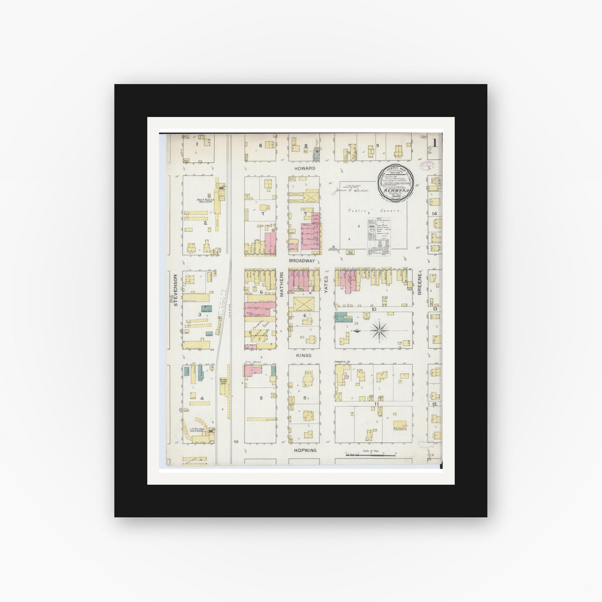 Old map wall art mockup — black gallery frame with white mat — Sanborn Fire Insurance Map from Newman, Douglas County, Illinois (1893) - Complete Map Set