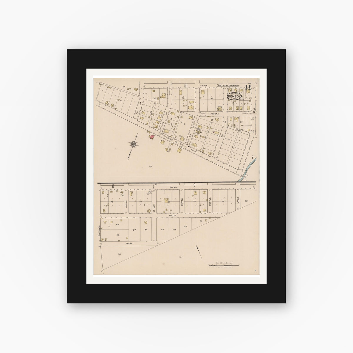 Old map wall art mockup — black gallery frame with white mat — Sanborn Fire Insurance Map from Kenedy, Karnes County, Texas (1922), Sheet #0011