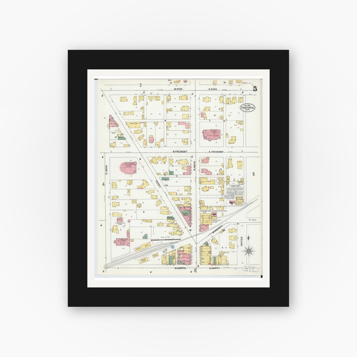Old map wall art mockup — black gallery frame with white mat — Sanborn Fire Insurance Map from Fostoria, Seneca, Hancock, And Wood Counties, Ohio (1901), Sheet #0005