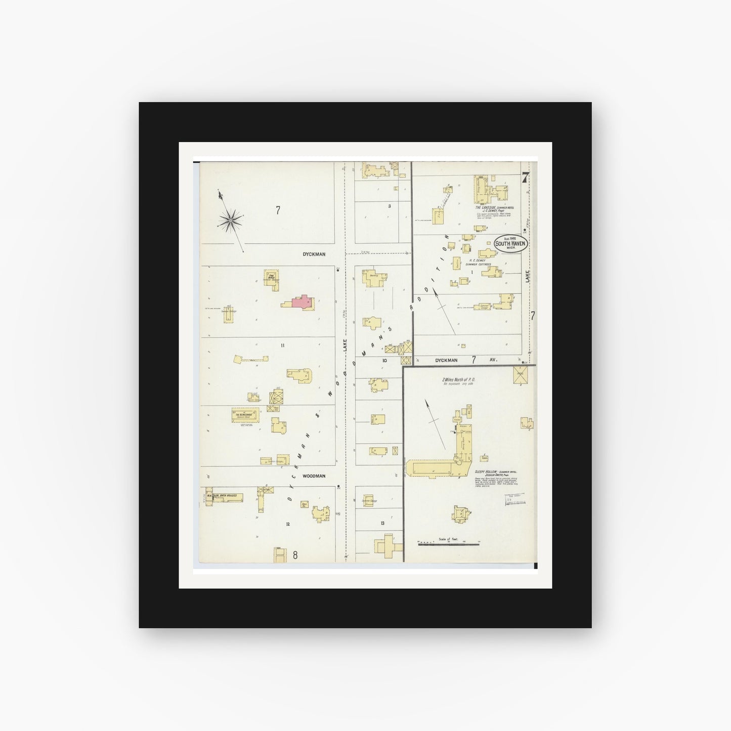 Old map wall art mockup — black gallery frame with white mat — Sanborn Fire Insurance Map from South Haven, Van Buren County, Michigan (1902), Sheet #0007