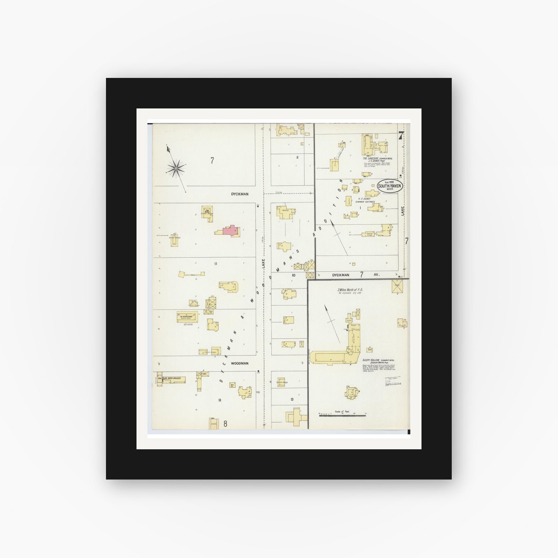 Old map wall art mockup — black gallery frame with white mat — Sanborn Fire Insurance Map from South Haven, Van Buren County, Michigan (1902), Sheet #0007