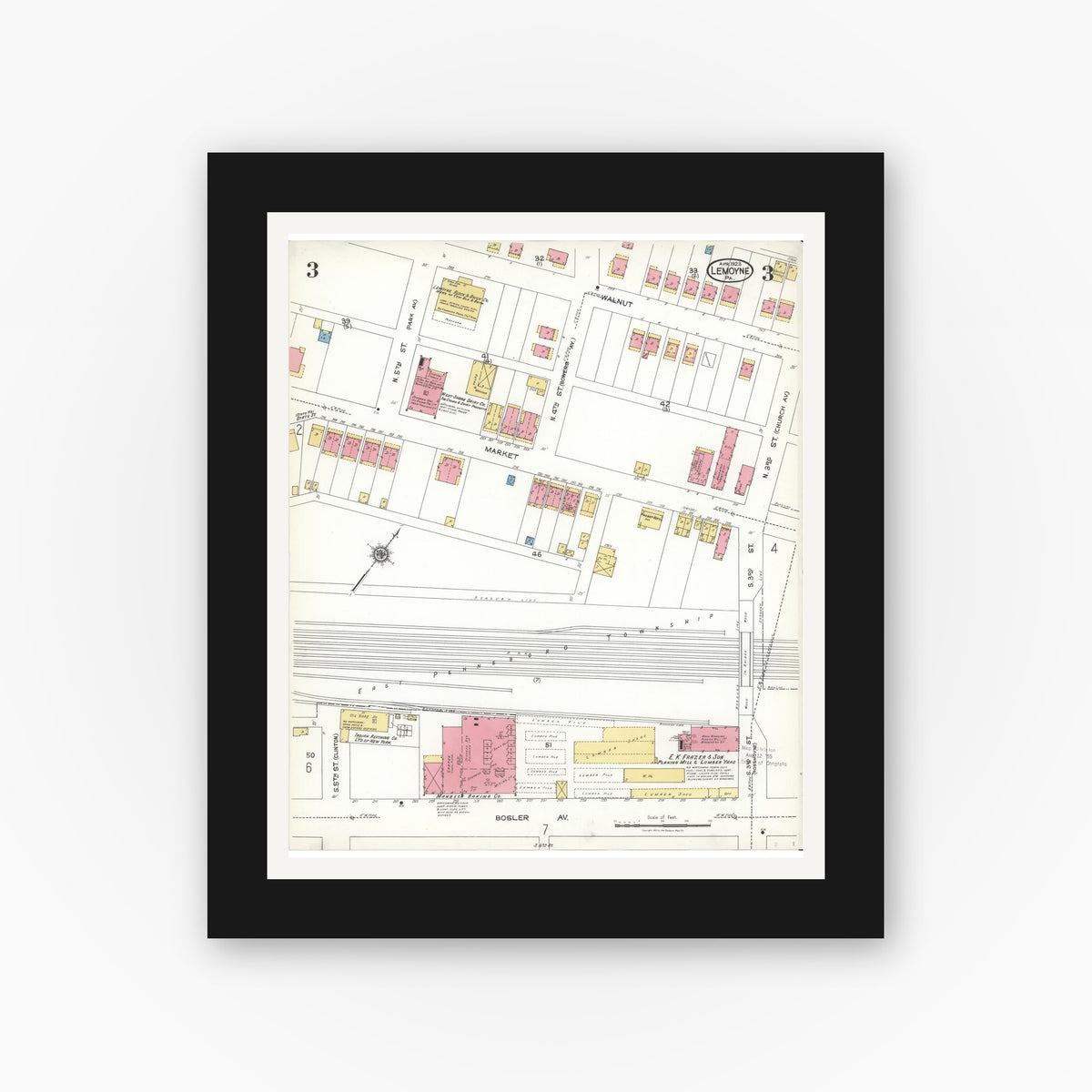 Old map wall art mockup — black gallery frame with white mat — Sanborn Fire Insurance Map from Lemoyne, Cumberland County, Pennsylvania (1923), Sheet #0003