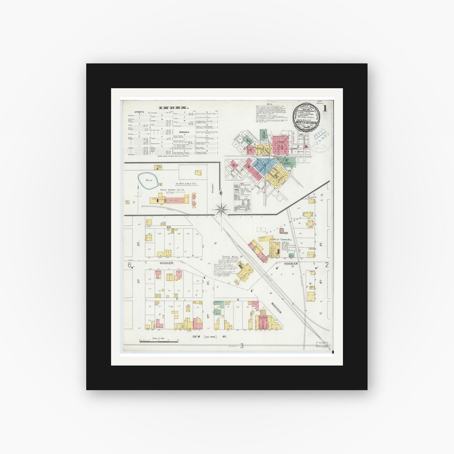 Old map wall art mockup — black gallery frame with white mat — Sanborn Fire Insurance Map from North Vernon, Jennings County, Indiana (1899) - Complete Map Set