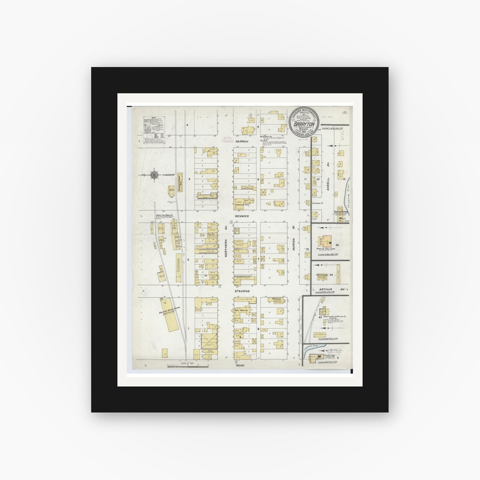 Old map wall art mockup — black gallery frame with white mat — Sanborn Fire Insurance Map from Barryton, Mecosta County, Michigan (1910), Sheet #0001