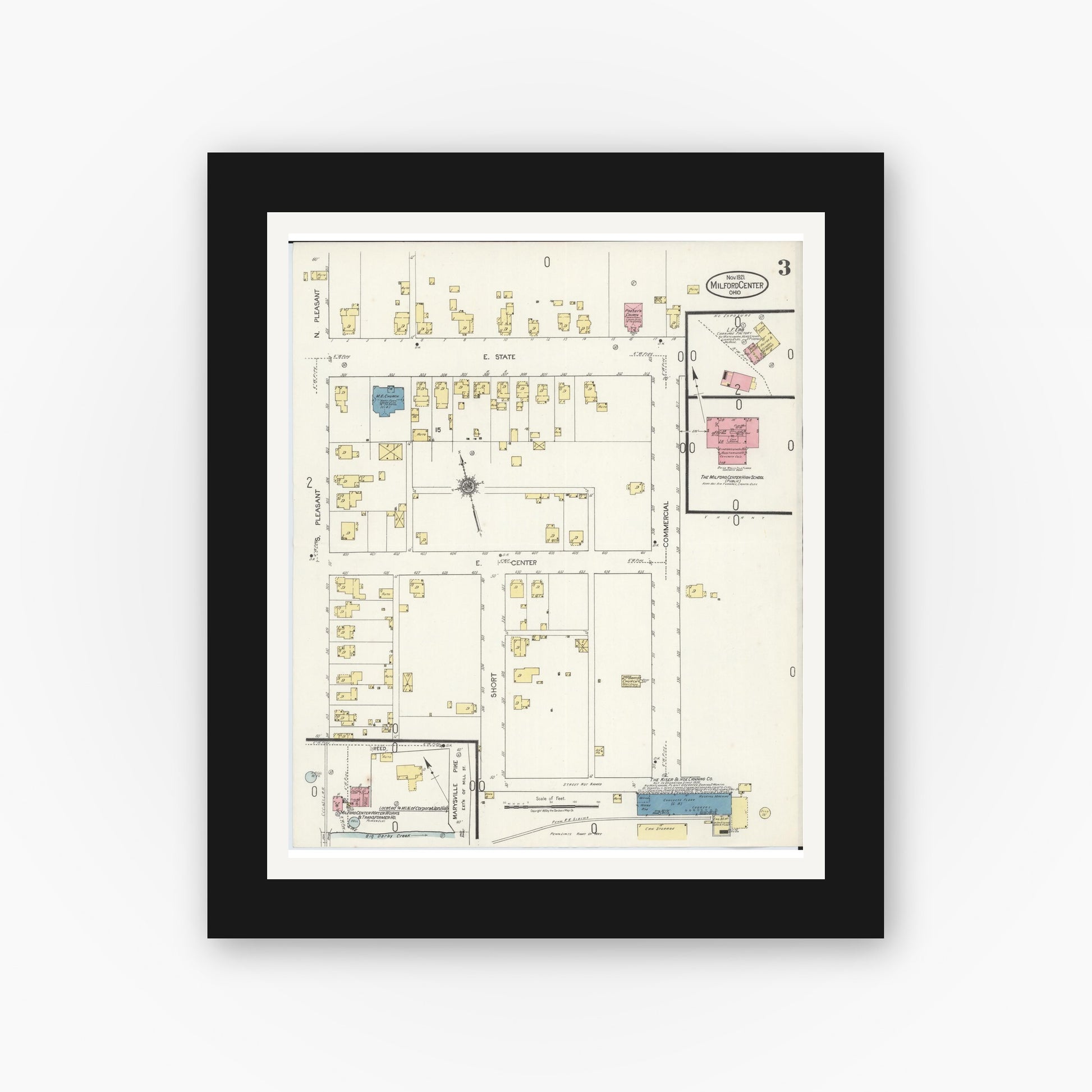 Old map wall art mockup — black gallery frame with white mat — Sanborn Fire Insurance Map from Milford Center, Union County, Ohio (1921), Sheet #0003