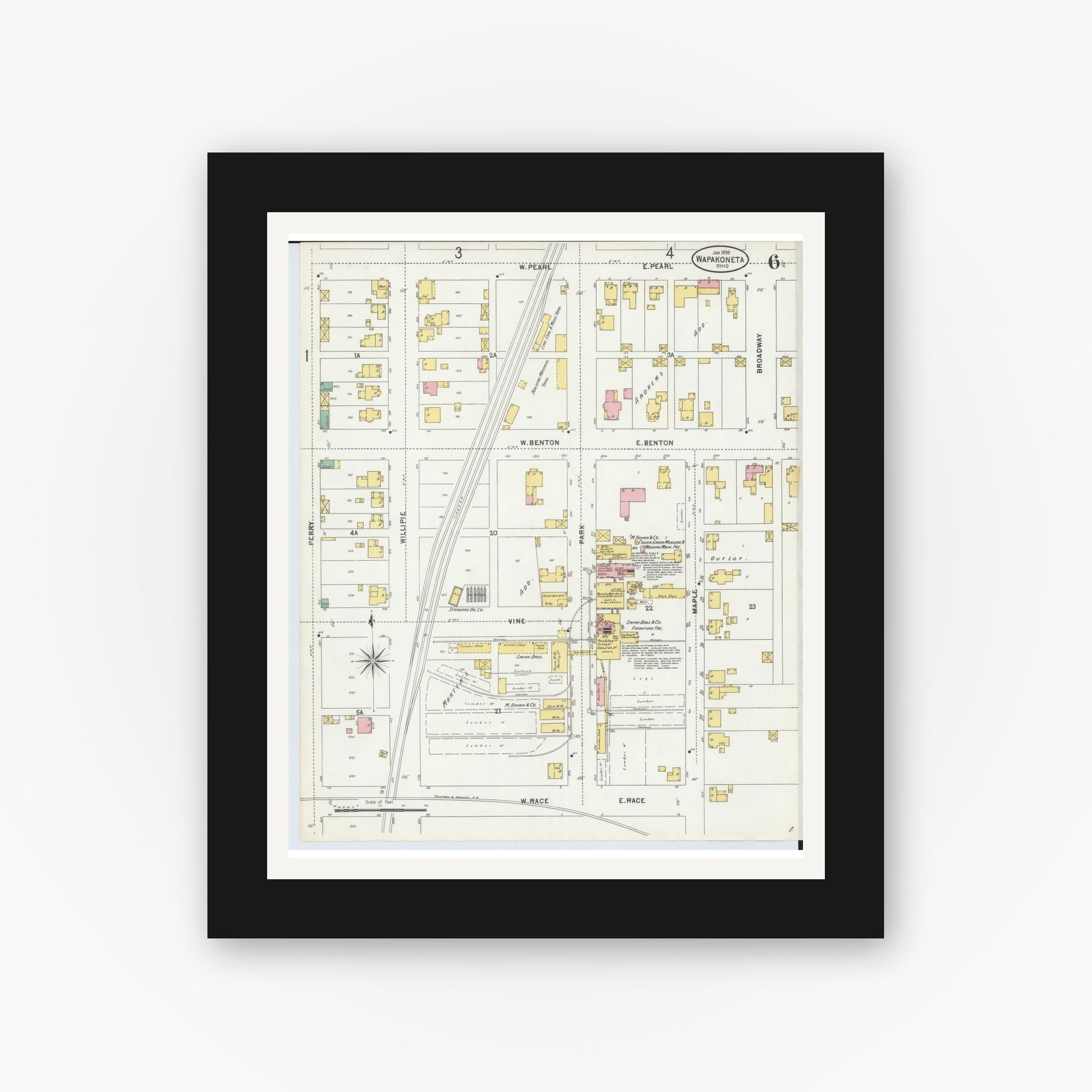Old map wall art mockup — black gallery frame with white mat — Sanborn Fire Insurance Map from Wapakoneta, Auglaize County, Ohio (1899), Sheet #0006